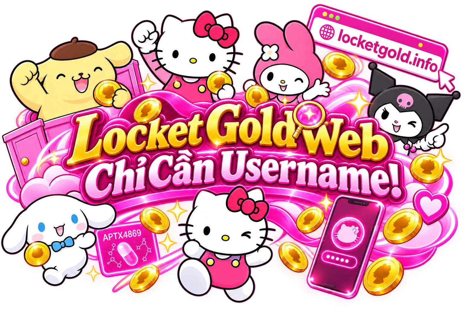 Banner Locket Gold tông hồng với các nhân vật mèo dễ thương